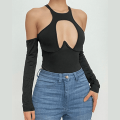 Hollow out long sleeve button crewneck solid bodysuit