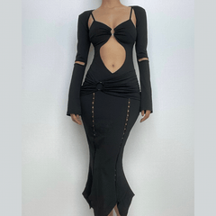 Long sleeve hollow out ruched o ring shrug cami midi dress