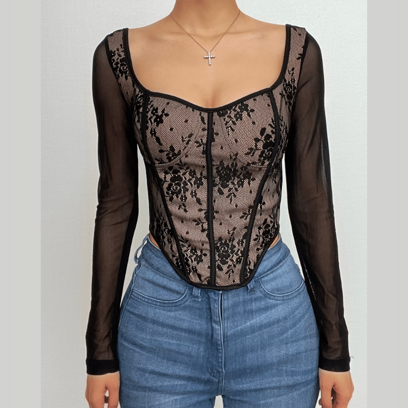 Lace contrast corset long sleeve zip-up self tie top