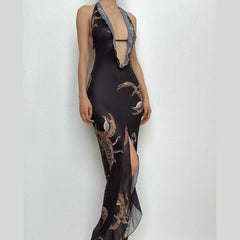 Halter self tie backless slit ruffle scorpion print contrast maxi dress