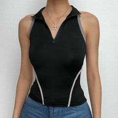 High neck contrast sleeveless zip-up hollow out backless top