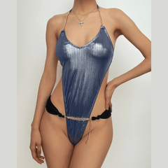 Halter contrast metal chain one piece swimwear