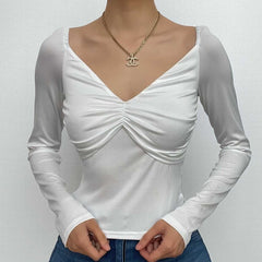 Top de cuello en V liso con mangas largas fruncidas