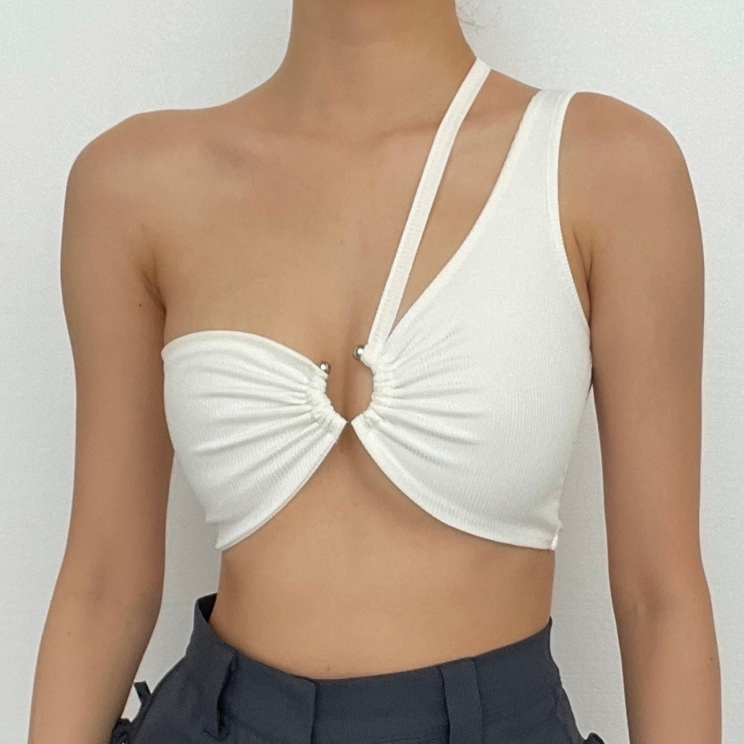 Hollow out o ring one shoulder backless ruched ribbed crop top