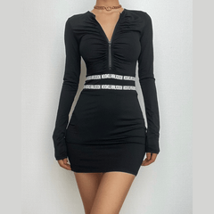 Ruched zip-up long sleeve contrast mini dress