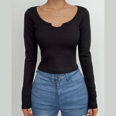 Ribbed notch neck solid long sleeve top