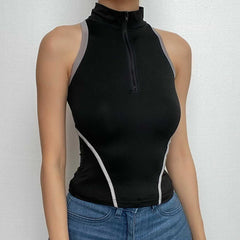 High neck contrast sleeveless zip-up hollow out backless top