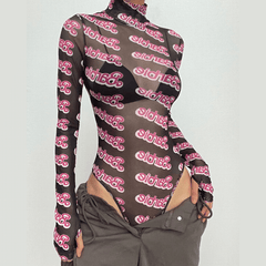 High neck long sleeve barbie print sheer mesh see through bodysuit