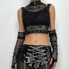 High neck buttoned mesh gloves off shoulder crop top