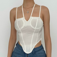 Solid halter notch neck self tie backless cami crop top