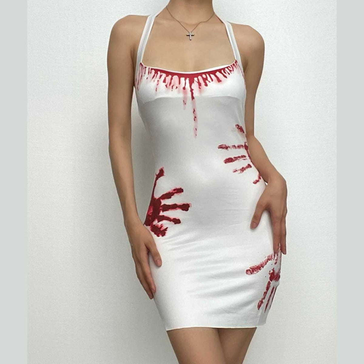 Contrast palm pattern halter backless slit mini dress