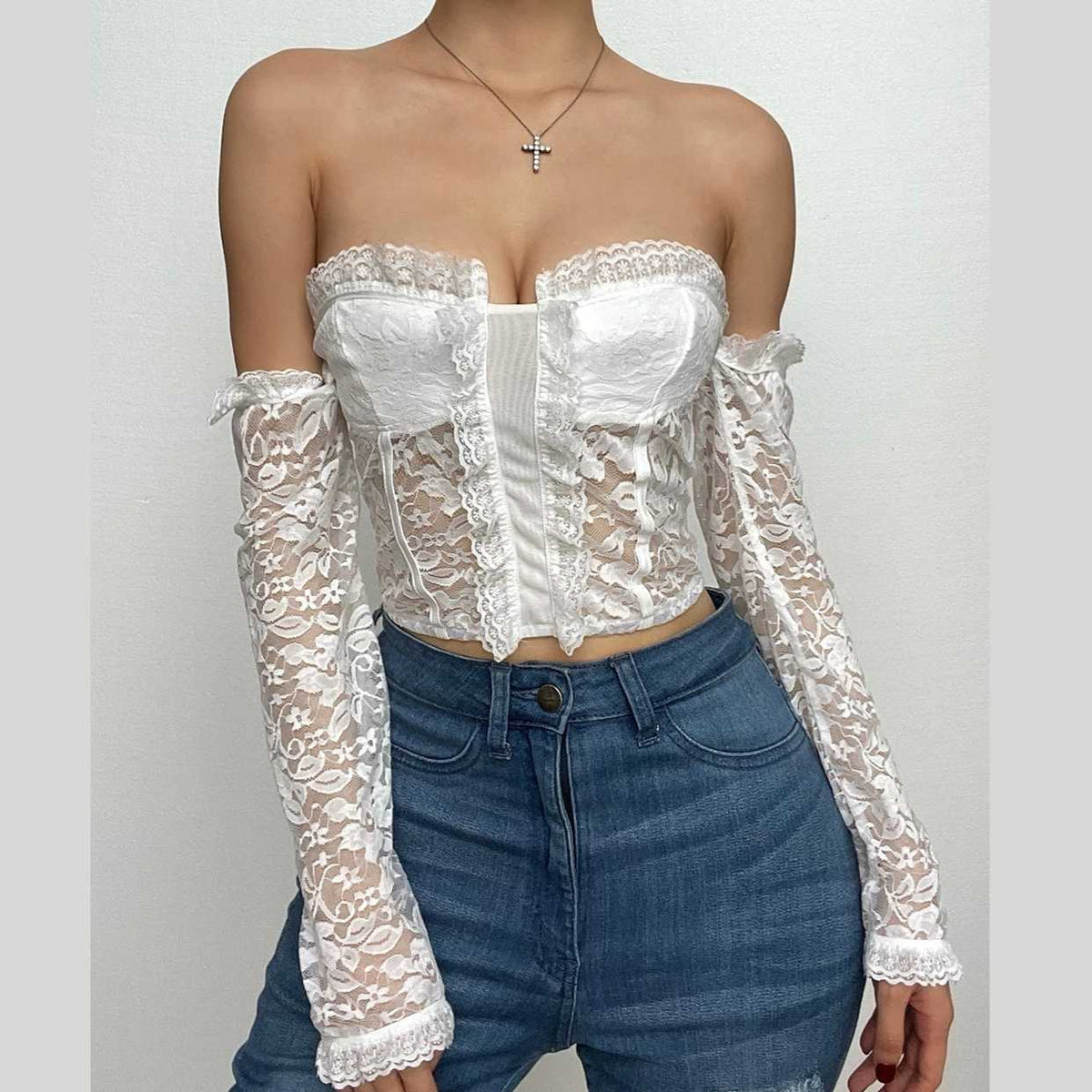 Lace off shoulder zip-up ruffle solid long sleeve crop top