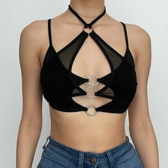 Top corto de malla con cuello halter, aro o, liso, ahuecado, sin espalda, con parches