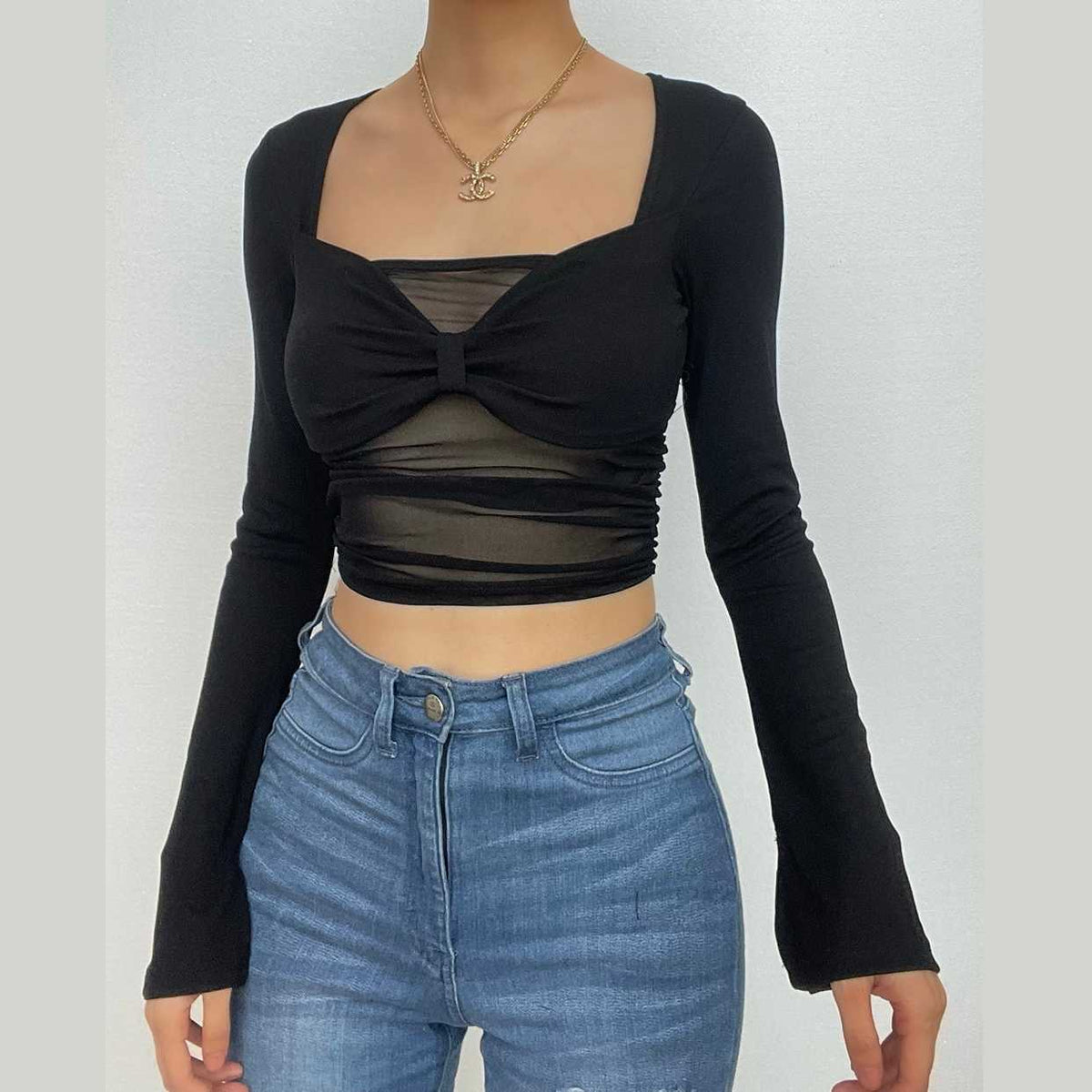 Mesh solid long flared sleeve ruched low cut crop top