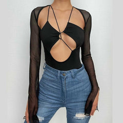 Langärmliger Bodysuit aus Mesh mit Aussparungen