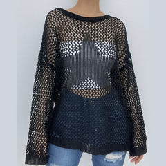 Crochet hollow out solid star pattern long sleeve top