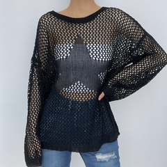 Crochet hollow out solid star pattern long sleeve top