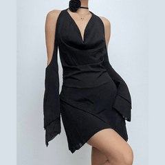 Cowl neck solid halter backless off shoulder long sleeve zip-up mini dress