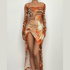 Tiger print long sleeve contrast slit shrug cami midi dress