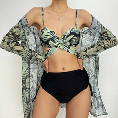 Cross front contrast self tie ruffle top 3 piece swimwear