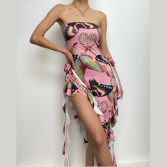 Butterfly print ruffle ribbon flower applique contrast backless maxi dress