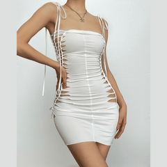 Hollow out self tie solid backless mini dress