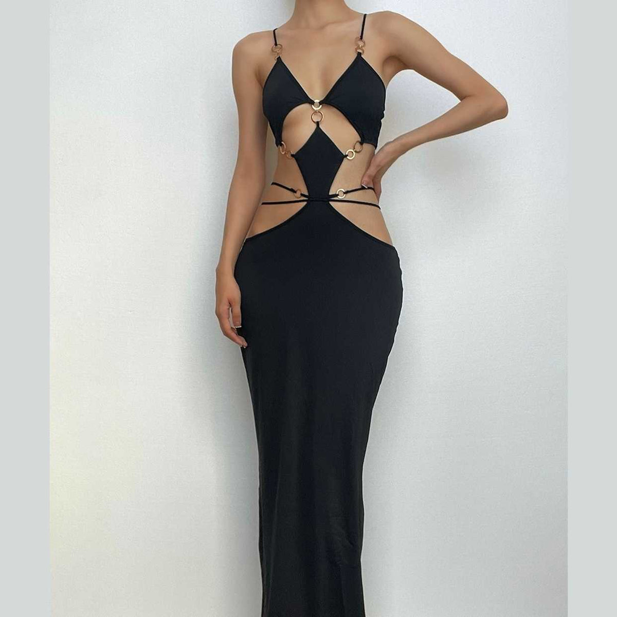 Cross front hollow out o ring backless low cut maxi dress