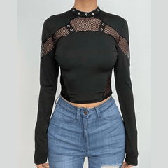 Fishnet patchwork solid button long sleeve crop top