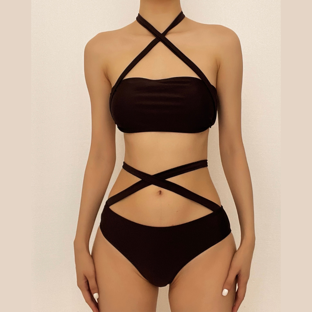 Cross front solid self tie padded tube bikini swimwear