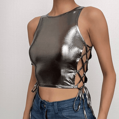 Metallic round neck sleeveless lace up crop top