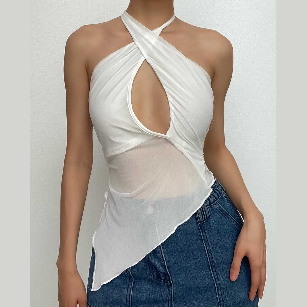 Neckholder-Crop-Top aus Netzstoff mit unregelmäßigem Kontrast und selbstbindendem Rücken