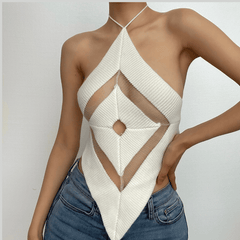 Knitted hollow out halter backless self tie top