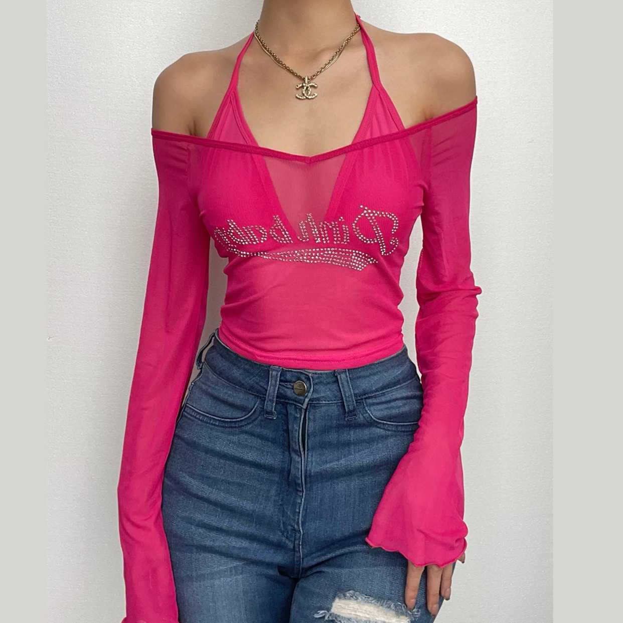 Schulterfreies, langärmliges Neckholder-Crop-Top aus Netzstoff mit Perlenbesatz, 2-teilig