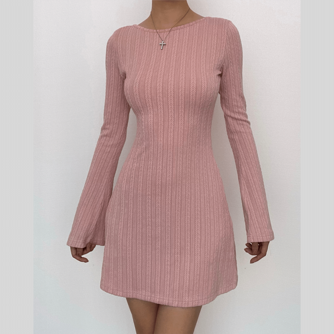 Long sleeve solid textured backless mini dress