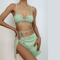 Solid hollow out self tie o ring 3 piece swimwear