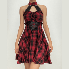 Zip-up lace hem halter lace up plaid backless mini dress | victorian gothic dresses