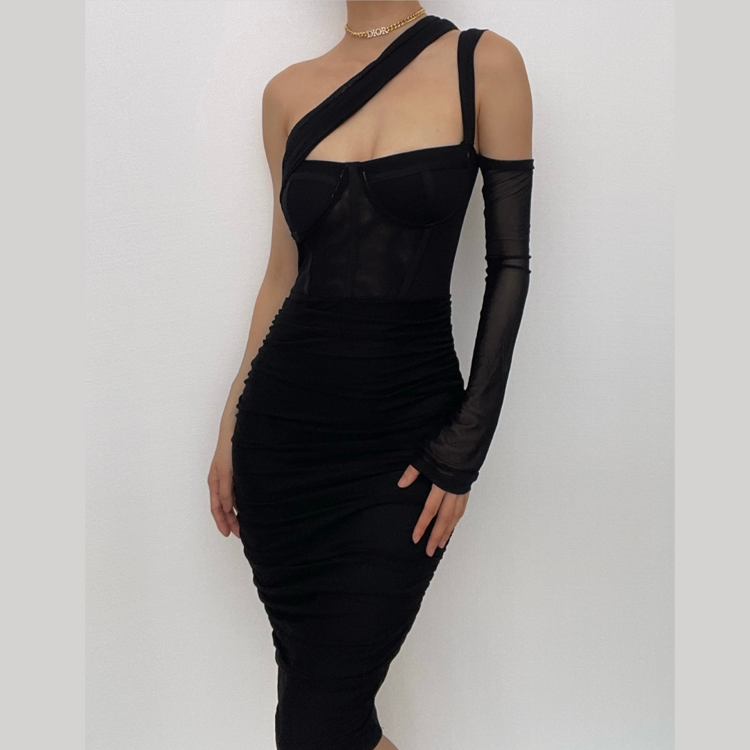 Irregular one shoulder ruched sheer mesh long sleeve dress - Final Sale