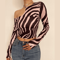 Langärmliges, schulterfreies Crop-Top mit Zebra-Print