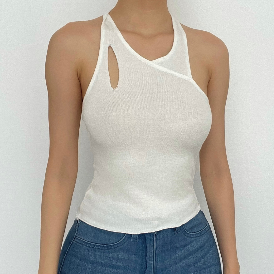 Irregular hollow out self tie halter backless crop top