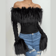 Furry patchwork off shoulder long sleeve solid top