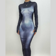 Contrast body pattern crewneck gloves long sleeve maxi dress