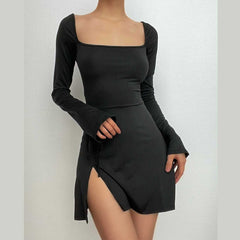 Long sleeve solid slit square neck self tie mini dress