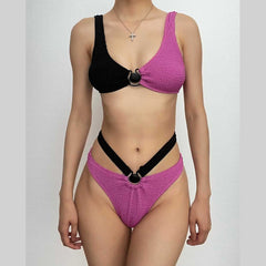 Hollow out o ring textured contrast padded one piece swimwear