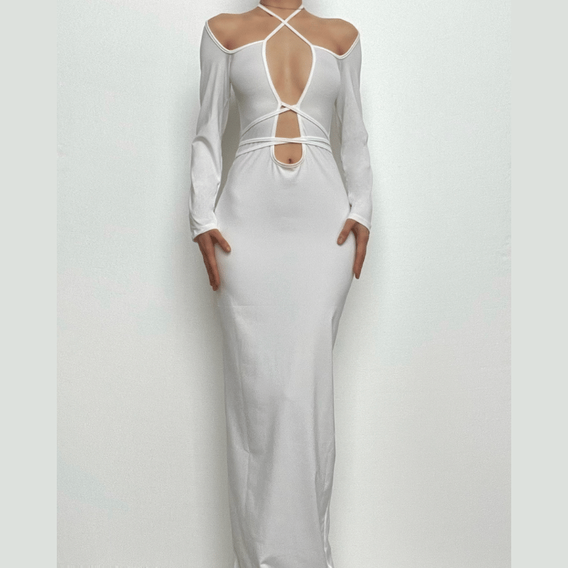 Hollow out self tie solid long sleeve cross front maxi dress