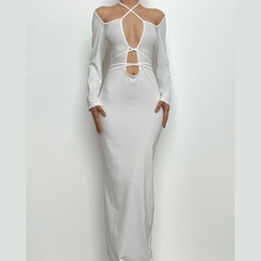 Hollow out self tie solid long sleeve cross front maxi dress