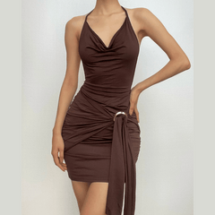 Cowl neck solid halter backless ruched buckle mini dress