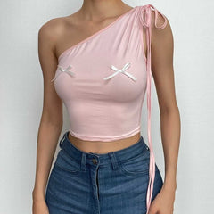 One shoulder drawstring ruched bowknot crop top