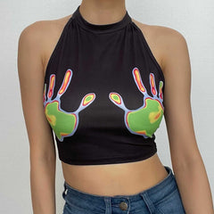 Ärmelloses Neckholder-Crop-Top mit rückenfreiem Palmenmuster