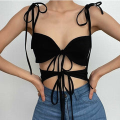 Hollow out backless self tie solid low cut crop top