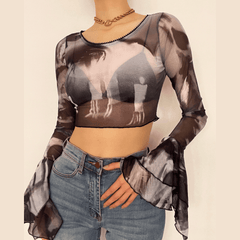 Crop-Top mit Rundhalsausschnitt und transparentem Netzstoff-Print